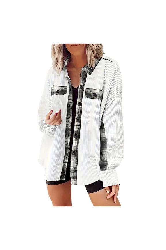 Womens Waffle Knit Plaid Shacket Boyfriend Button Down Shirt Jacket Loose Long Sleeve Tops