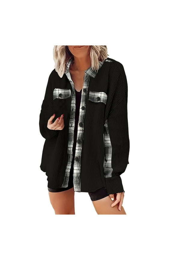 Womens Waffle Knit Plaid Shacket Boyfriend Button Down Shirt Jacket Loose Long Sleeve Tops
