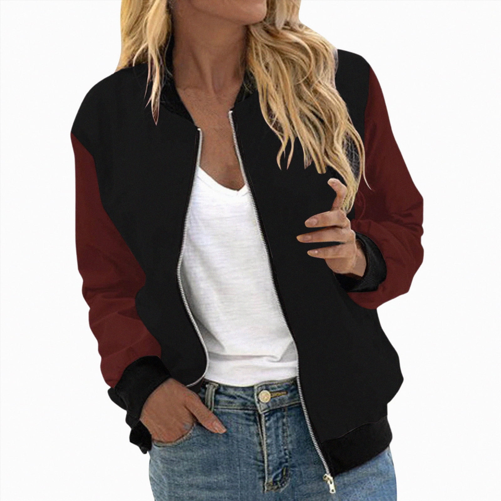 Zip Up Jacket for Women Lightweight Windproof Bomber Jackets Fashion Solid Baseball Coat Boyfriend Loose Fit Outerwear Casual Coat Stand Short Sports Outwear Zipper Tops Casual Daily Jackets