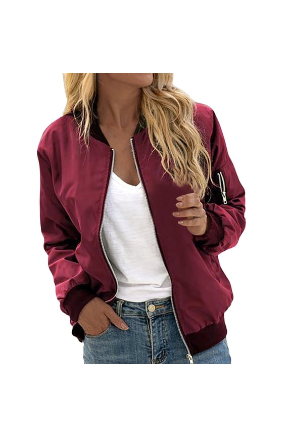 Zip Up Jacket for Women Lightweight Windproof Bomber Jackets Fashion Solid Baseball Coat Boyfriend Loose Fit Outerwear