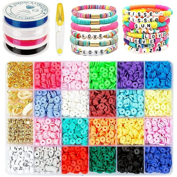 Futhstar DIY Polymer Clay Beads Kit, 6mm 20 Colors Flat Round Spacer Beads with Pendant Charms Set and 4 Roll Elastic Strings for Diy Jewelry Making Bracelets Necklace