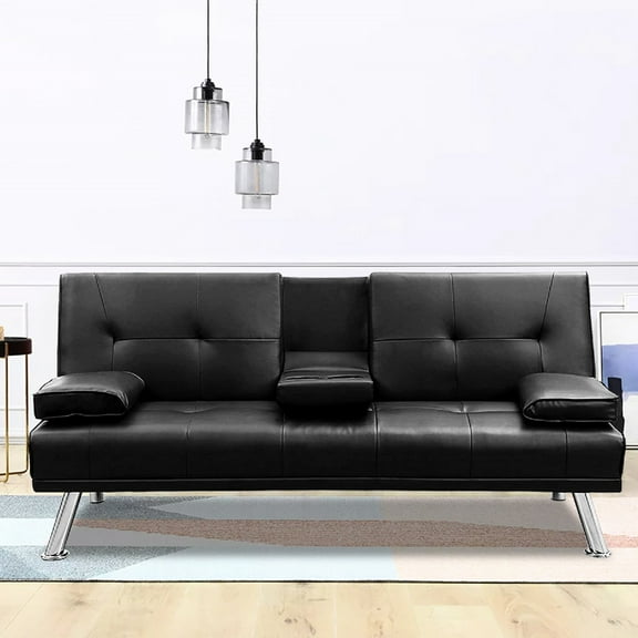 Futon Bed In Black Faux Leather, Adjustable Positions, Cup Holder, Construction, Removable For Home Leather Convertible Bed, Angles, 2 Holders, Legs Living Room