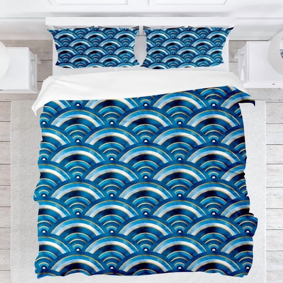 Futon Bedding Set, Blue Fish Scale Print Bedding Set, Unisex, Comes with 1 Duvet Cover and 2 Pillowcases