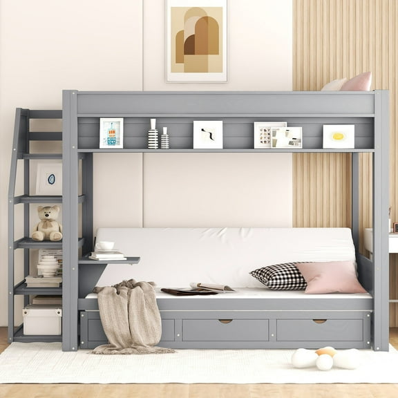 Futon Bunk Beds with Stairs, Wood Full Over Full Bunk Bed with Storage Drawers and Shelf, Multi-Functional Convertible Bunk Beds Bottom Bed can be Converted into Daybed-Gray