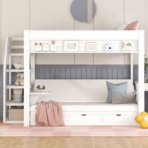 Futon Bunk Beds with Stairs, Wood Full Over Full Bunk Bed with Storage Drawers and Shelf, Multi-Functional Convertible Bunk Beds Bottom Bed can be Converted into Daybed-White