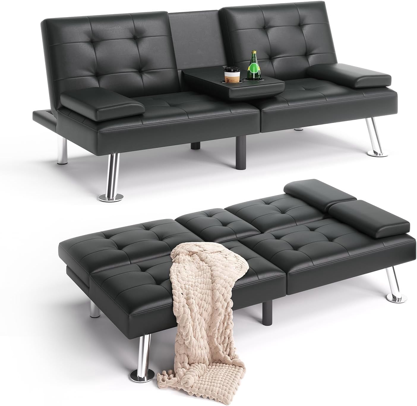 Futon Couch, Futon Sofa Bed, Modern Faux Leather Black Futon Bed, Futon ...