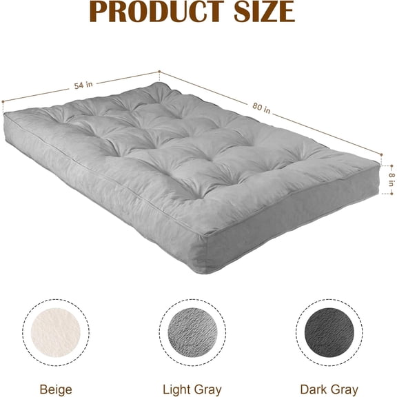 Futon Mattress Full Size 54" x 80", 8" Thick Floor Mattress for Adults, Foldable Sofa Couch Bed with Shredded Foam Filling, Comfy Sleeping Mat for Guest, Camping, Dorm, Light Gray