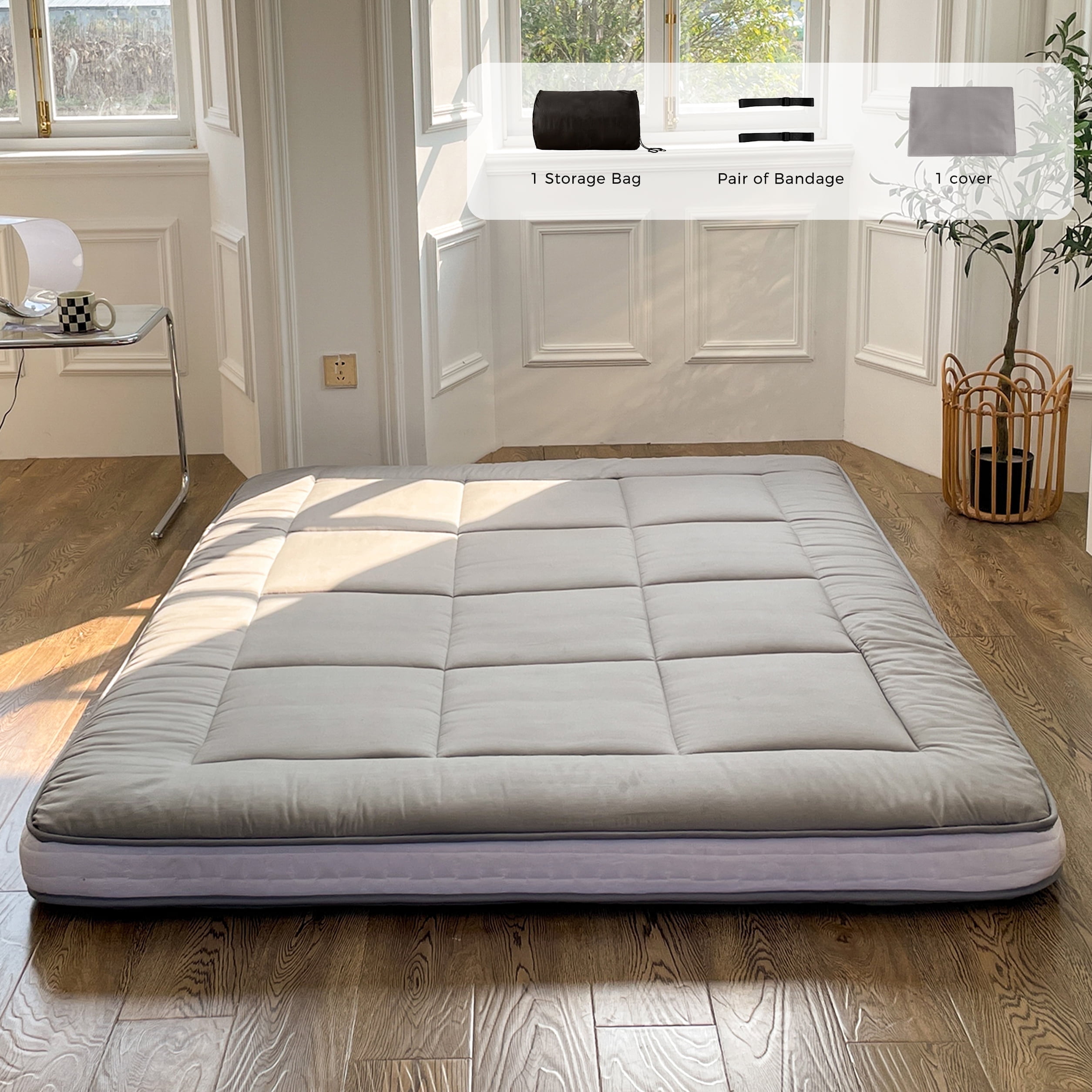 Futon Mattress, Padded Japanese Floor Mattress Quilted Bed Mattress Topper, Extra Thick Folding Sleeping Pad, Queen Size