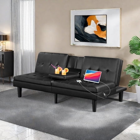 Futon Memory Foam Sofa Bed with USB and Cupholders, Faux Leather Sleeper Sofa Couch Bed for Living Room, Black