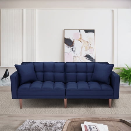Futon Sofa Bed with 2 Pillows, Futon Sleeper Sofa With 2 Pillows, Memory Foam Futon Sofa Bed Couch for Living Room, Guest Room, Apartments Dorms (Navy Blue)