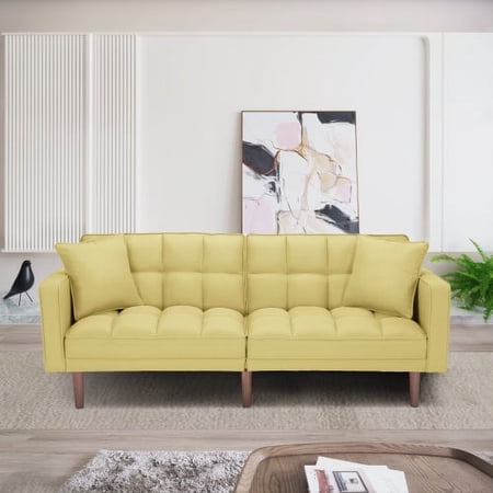 Futon Sofa Bed with 2 Pillows, Futon Sleeper Sofa With 2 Pillows, Memory Foam Futon Sofa Bed Couch for Living Room, Guest Room, Apartments Dorms(Yellow)