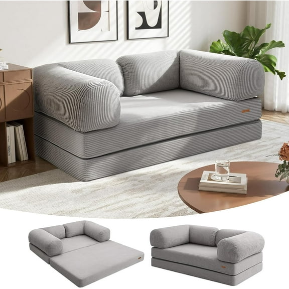 Futon Sofa Bed, 4-in-1 Floor Foldable Sofa Couch Bed with L-Shaped Armrests, Convertible Folding Chair Bed Sleeper Mattress Fold Out Lounge for Living Room Bedroom, Light Grey