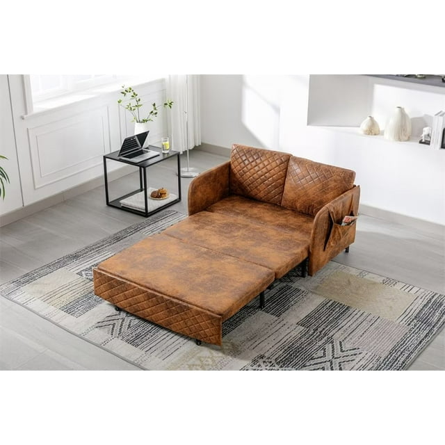 Futon Sofa Bed 46 Inches, Modern Linen Fabric Loveseat with Pull Out