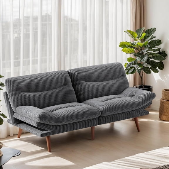 Futon Sofa Bed, 66.1 Futon Couch with Adjustable Backrest & Armrests, Convertible Small Sleeper Sofa Bed for Small Apartments, Study Room, Office, Corduroy Loveseat, Grey