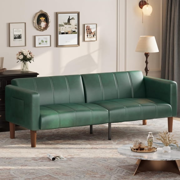 Futon Sofa Bed, 75-Inch Modern Faux Leather Convertible Couch, Mid-Century Loveseat for Small Space, Living Room, Bedroom, Green