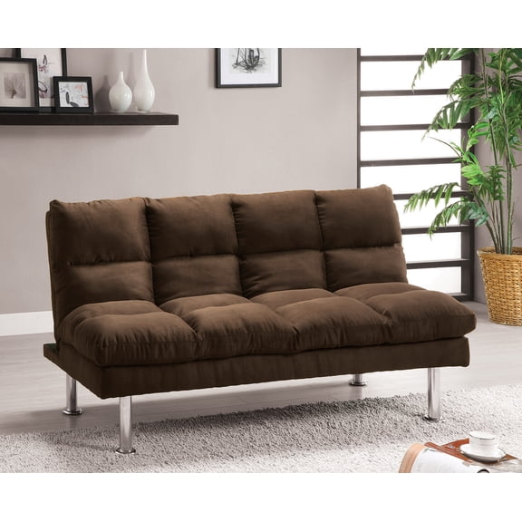 Futon Sofa Bed, Contemporary Microfiber Upholstery with Chrome Base Legs and Extra Support, Converts to Bed, 67"W x 28"D x 31"H, Dark Brown Finish for Living Room or Guest Room