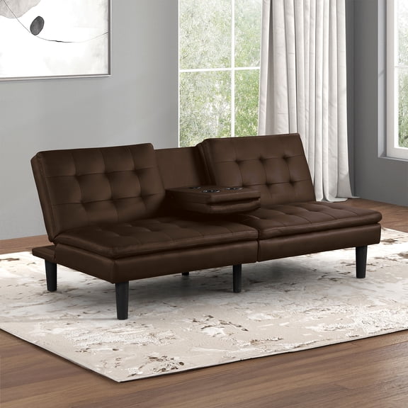 Futon Sofa Bed Contemporary Style Brown Finish Convert Into Bed Biscuit Tufting Seat And Back Seat Drop Down Table With Cup Holder USB Chargers