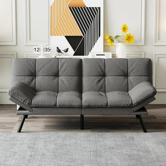 Futon Sofa Bed Convertible Couch, Grey Linen Sofa Bed with Memory Foam, Adjustable Backrest & Armrests, Multifunctional Small Loveseat Sleeper Sofa for Living Room, Apartment, Office