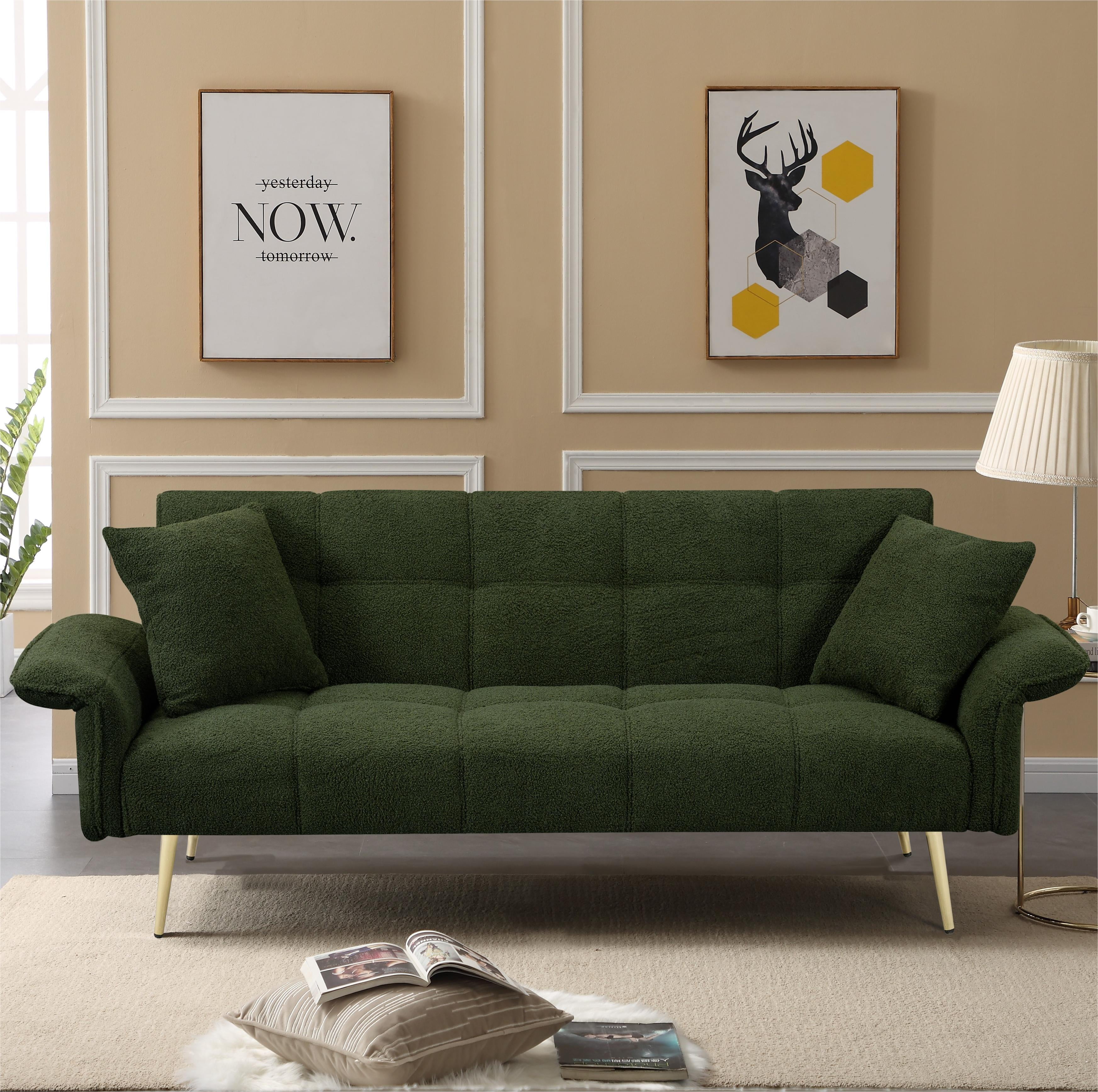Futon Sofa Bed,Convertible Double Sofa Bed with Folding Armrests for Living Rooms and Small Spaces,Green