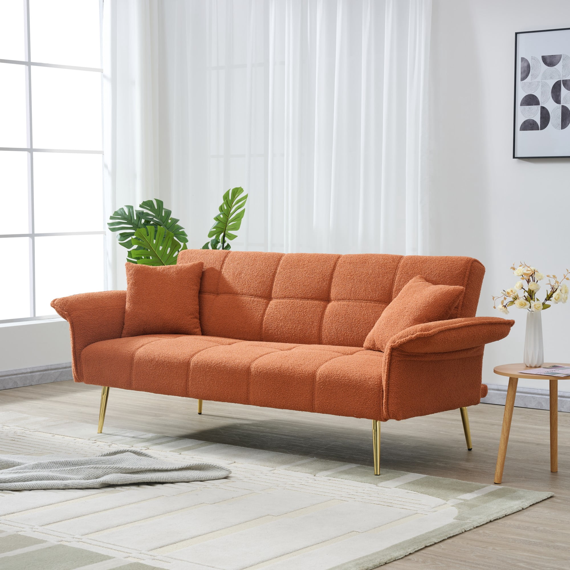 Futon Sofa Bed,Convertible Double Sofa Bed with Folding Armrests for Living Rooms and Small Spaces,Orange