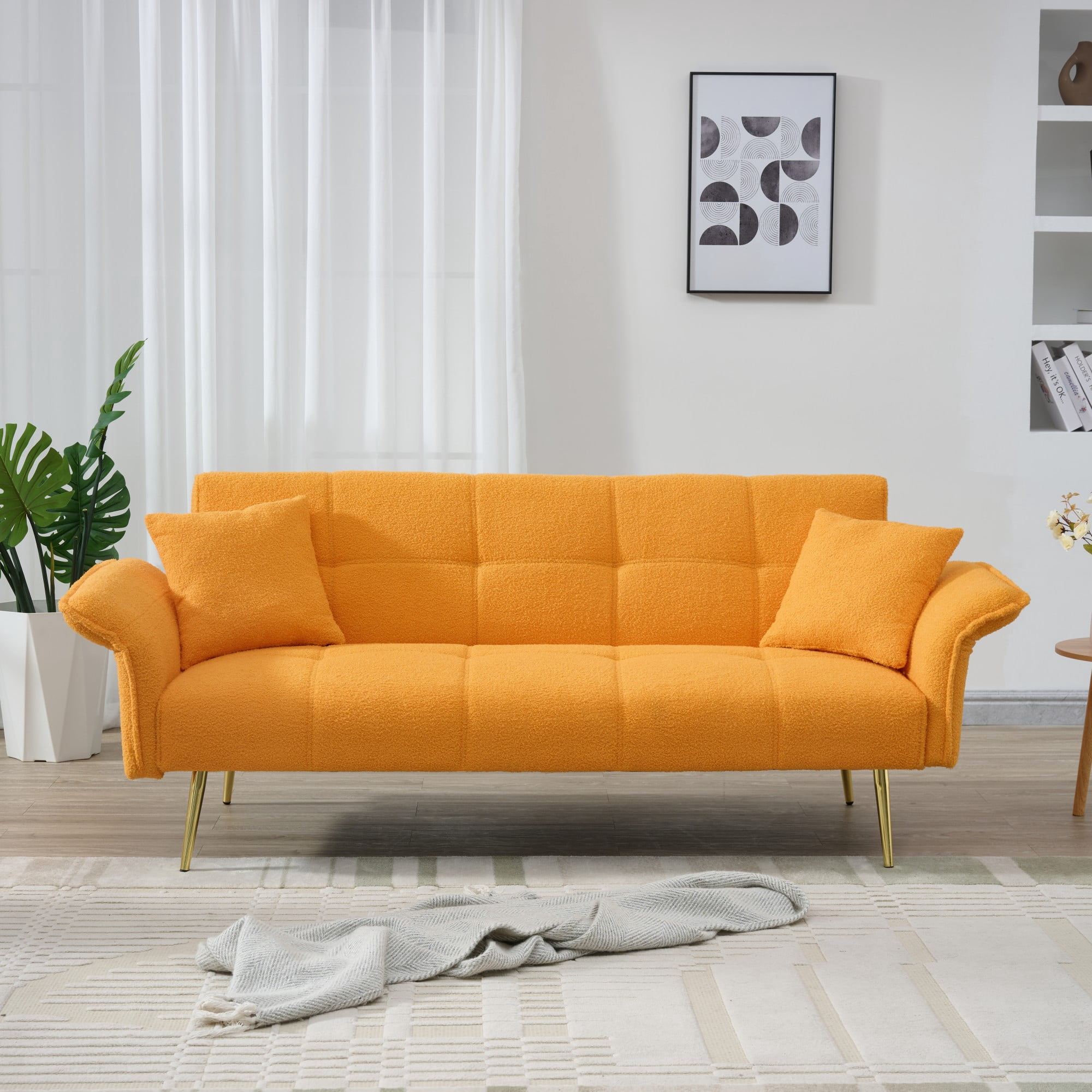 Futon Sofa Bed,Convertible Double Sofa Bed with Folding Armrests for Living Rooms and Small Spaces,Yellow