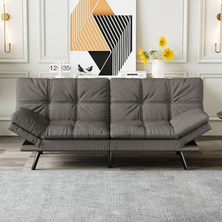 Futon Sofa Bed Convertible , Grey Linen Sofa Bed with Memory Foam, Adjustable Backrest & Armrests, Multifunctional Small Loveseat Sleeper Sofa for Living Room, Apartment, Office
