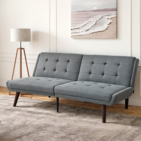 Futon Sofa Bed, Convertible Sleeper Couch with Adjustable Backrest, Linen Fabric and High-Density Foam, 3-in-1 Loveseat for Small Spaces, 63 Inch Grey