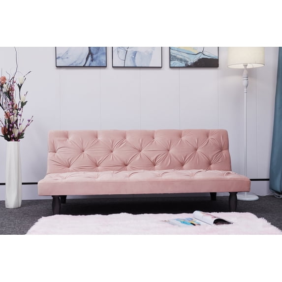 Futon Sofa Bed, Convertible Sleeper Couch with Adjustable Backrest, Modern Tufted Upholstered Couch without Armrest, for Studio, Bedroom, Office, Apartment, Baby Pink