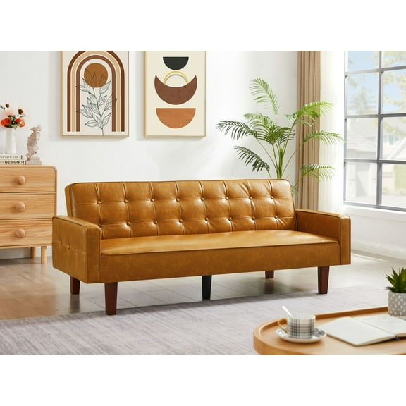 Futon Sofa Bed, Convertible Sleeper Sofa, Loveseat Couch PU Leather Sofabed with Wooden Legs for Small Spaces Room Home Office Hotel with Adjustable Backrest, Reclining (Brown)