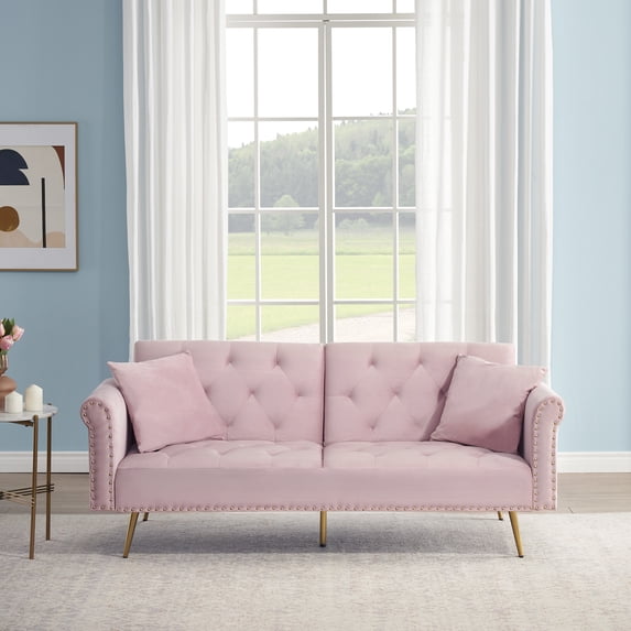 Futon Sofa Bed,Convertible Velvet Nail Head Sofa Bed with Throw Pillow and midfoot,Adjustable Folding Accent Sofa Tufted Loveseat for Living Room Bedroom,Pink
