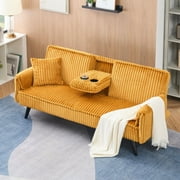 Futon Sofa Bed Corduroy Convertible Sofa Bed Upholstered Folding Sofa Bed with Pillows,2 Cup Holders,Orange