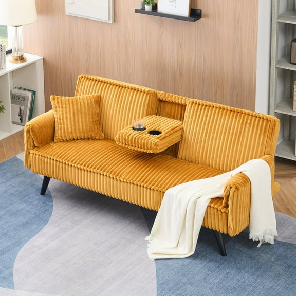 Futon Sofa Bed Corduroy Convertible Sofa Bed Upholstered Folding Sofa Bed with Pillows,2 Cup Holders,Orange