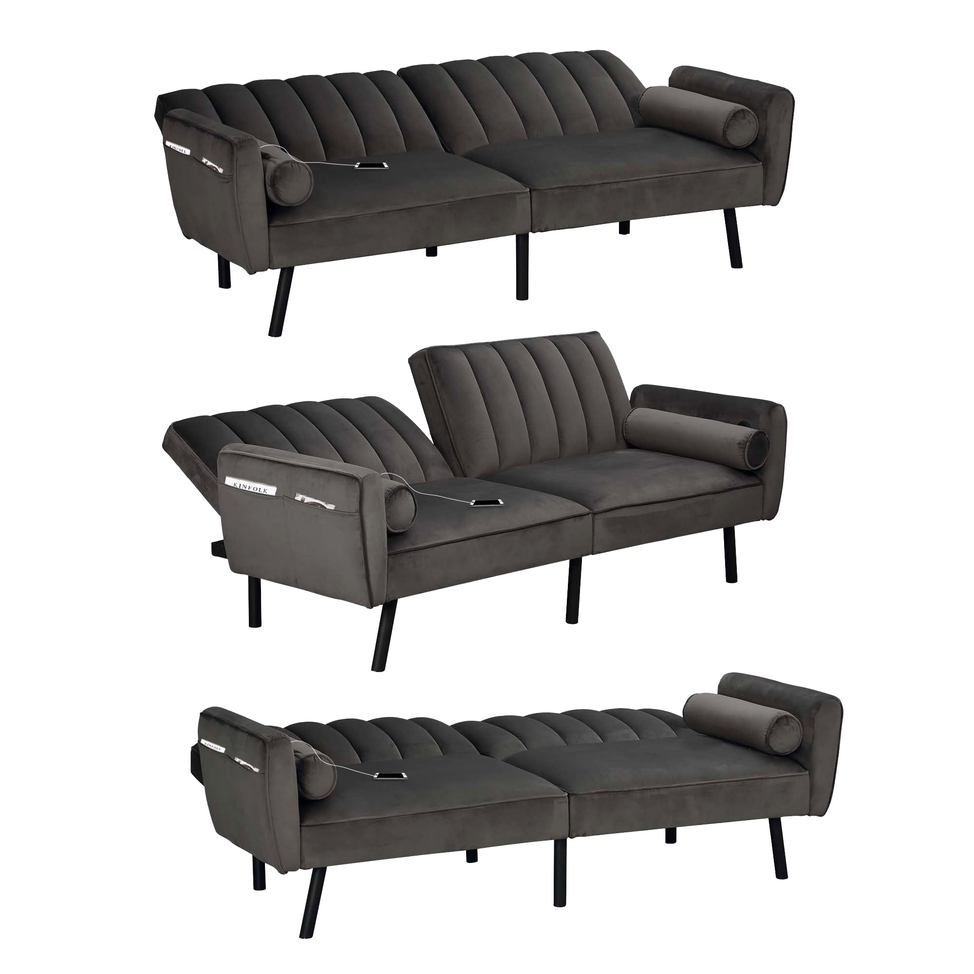 Futon Sofa Bed Couch Velvet Sofas with USB Charging Port Pillow Side