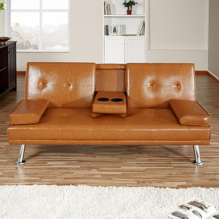 Futon Sofa Bed Couch with Armrest Cupholders Faux Leather Sofa Bed Couch Convertible Folding Reclining Small Couch Caramel Faux Leather