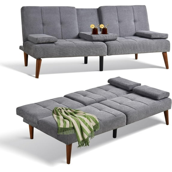 Futon Sofa Bed-Fabric Small Couch, Small Lounge Convertible with 2 Cup Holders, Removable Soft Armrest, Adjustable Backrest for Dorm/Bedroom/College