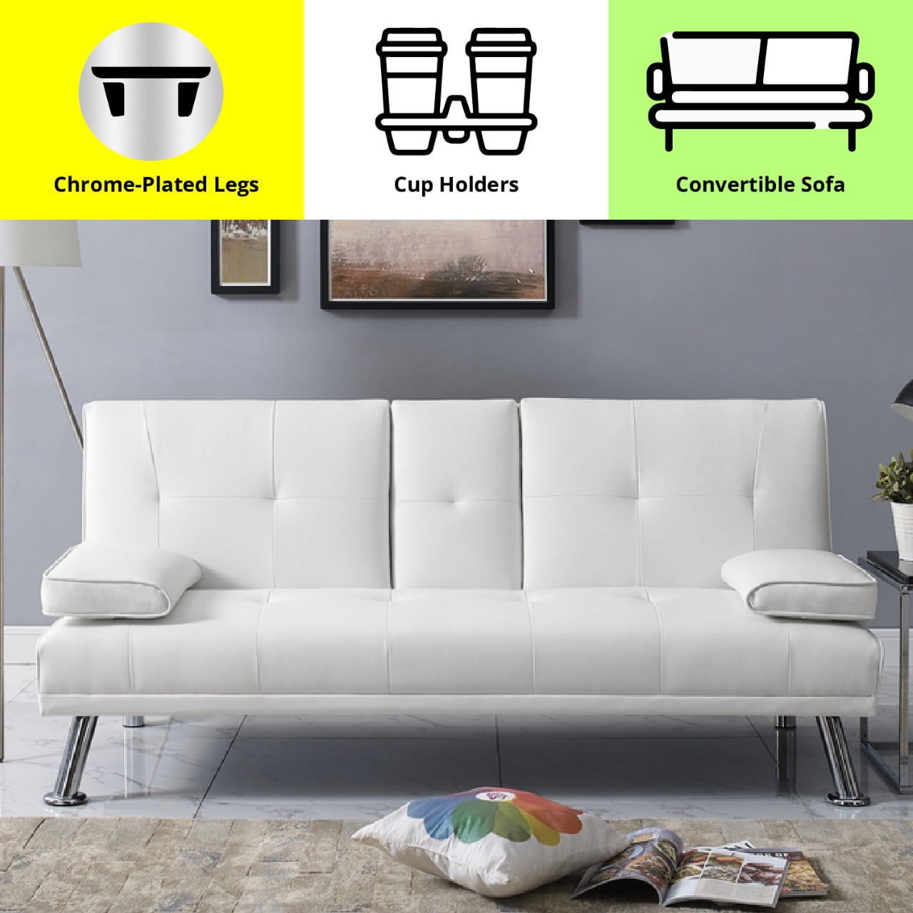 det sidste Forsendelse flertal Futon Sofa Bed, Faux Leather Futon Couch with Armrest and 2 Cupholders,  Pull Out Sofa Bed Couch Convertible with Metal Legs, Folding, Reclining Small  Couch Bed, Futon Bed for Living Room -