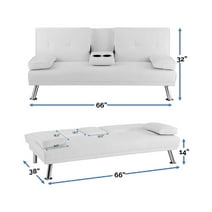 Futon Sofa Bed, Faux Leather Futon Couch with Armrest and 2 Cupholders, Pull Out Sofa Bed Couch Convertible with Metal Legs, Folding, Reclining Small Couch Bed, Futon Bed for Living Room - White