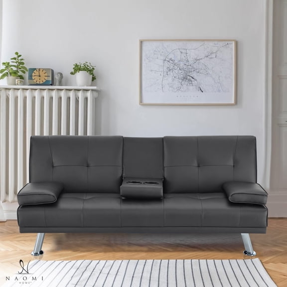 Futon Sofa Bed, Faux Leather Futon Couch with Armrest and 2 Cupholders, Pull Out Sofa Bed Couch Convertible with Metal Legs, Folding, Reclining Small Couch Bed, Futon Bed for Living Room - Black
