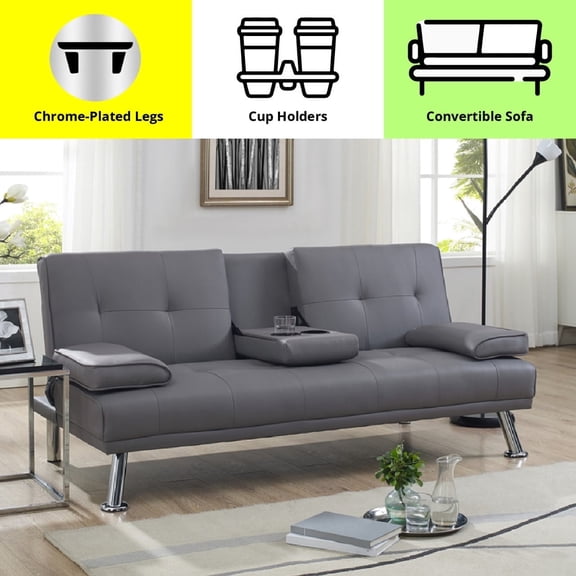 Futon Sofa Bed, Faux Leather Futon Couch with Armrest and 2 Cupholders, Pull Out Sofa Bed Couch Convertible with Metal Legs, Folding, Reclining Small Couch Bed, Futon Bed for Living Room - Gray