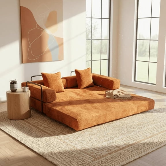 Futon Sofa Bed Full Size, 4-in-1 Sleeper Sofas with L-Shaped Armrests, Small Sofa Bed Couch for Small Spaces Loveseat Sleeper for Living Room Bedroom, Chenille, Orange