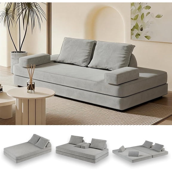 Futon Sofa Bed King Size, Boneless Sleeper Sofa, Oversized Chenille Foldable Couch, Convertible Floor Couches, Modern Folding Mattress, Daybed for Gaming, Living Room, Apartment, Light Grey