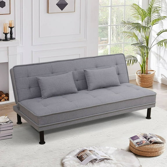 Futon Sofa Bed, Linen Comfy Futon Couch Bed with 2 Pillows, Convertible Sleeper Sofa for Living Room, Grey