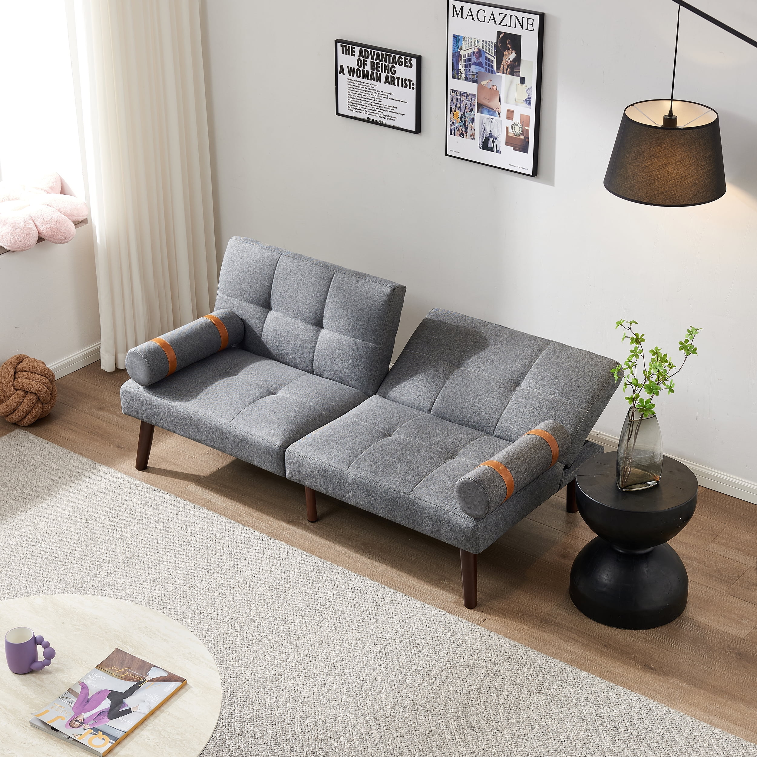 Futon Sofa Bed, Linen Fabric Convertible Sofa Bed with Solid Wood Legs ...