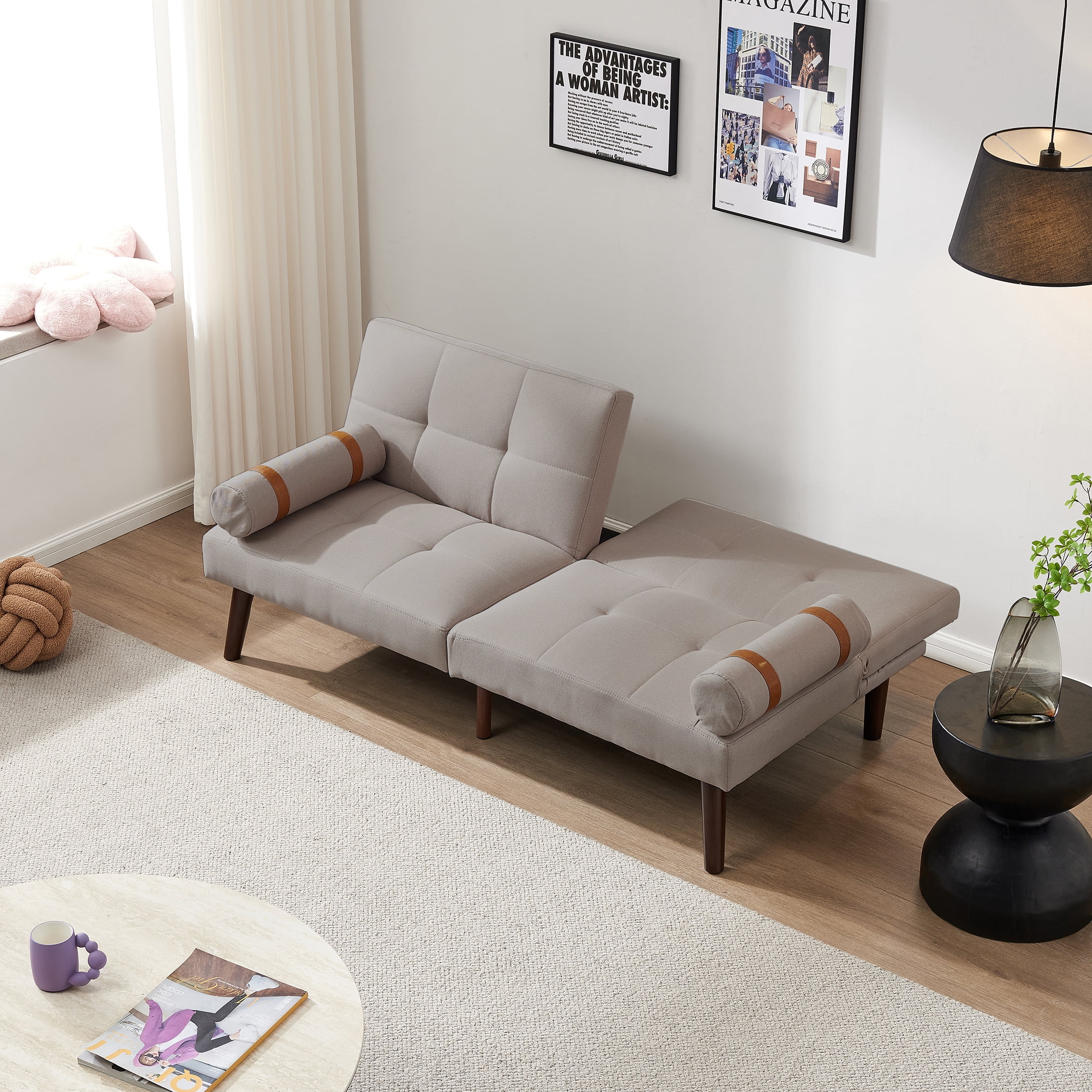 Futon Sofa Bed, Linen Fabric Convertible Sofa Bed with Solid Wood Legs ...