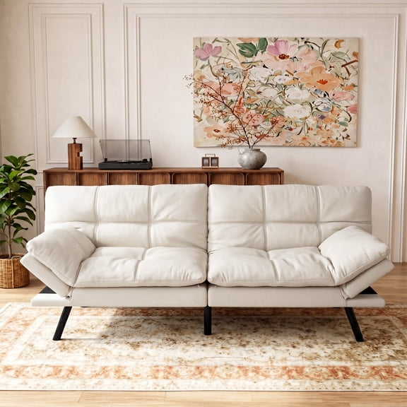 Futon Sofa Bed Memory Foam Futons Modern Office Couch Sleeper Bed Convertible Love seat Sofa for Small Spaces,Apartment,Office with Adjustable Armrest Backrest,White