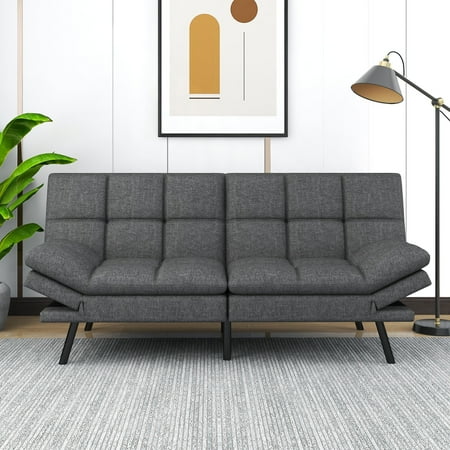 Futon Sofa Bed, Modern Convertible Memory Foam Sleeper Sofa, Adjustable Armrest&Backrest, Grey