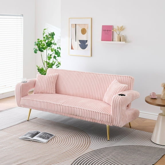 Futon Sofa Bed,Modern Corduroy Folding Futon Set Convertible Recliner Lounge for Living Room with 2 Cup Holders,Pink
