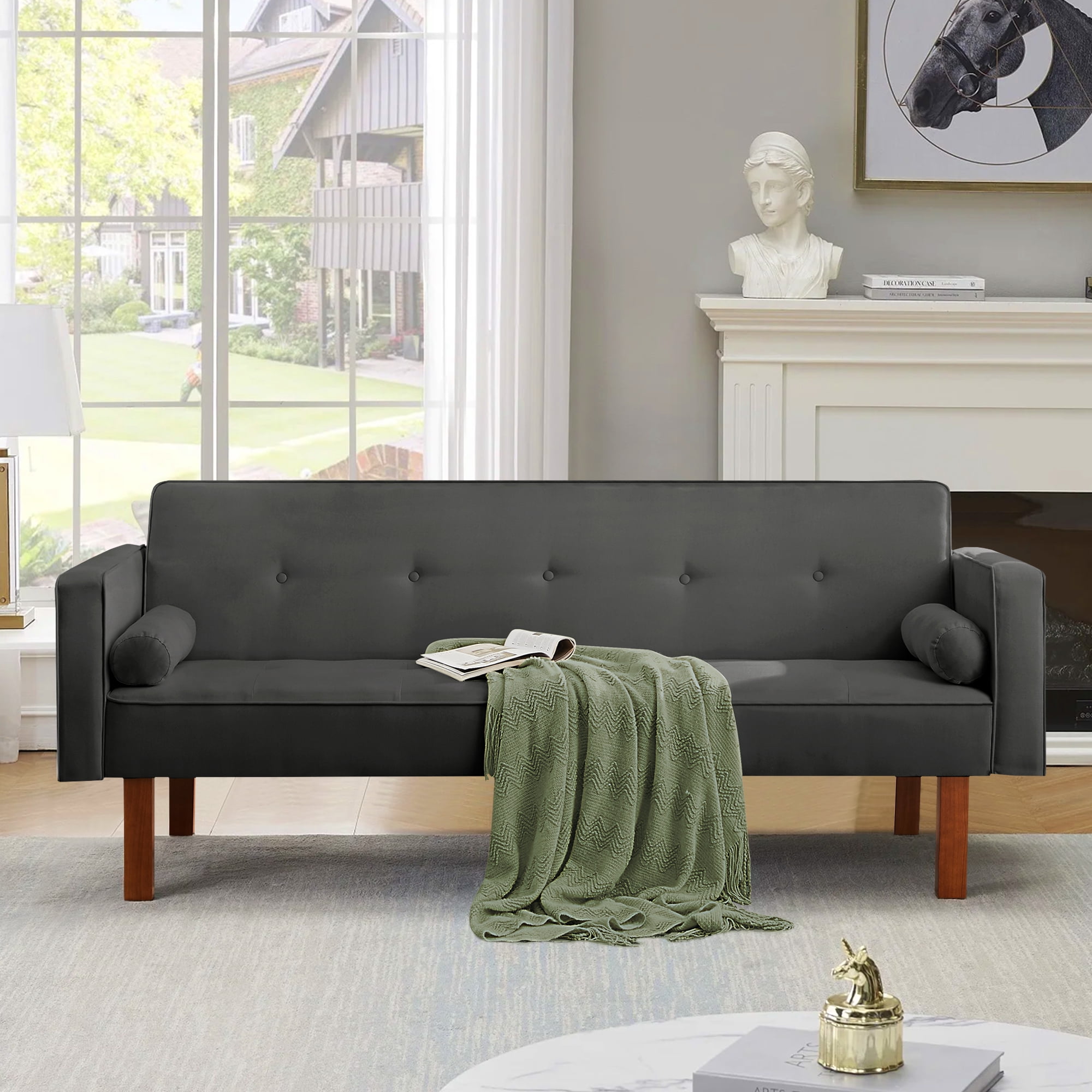 Futon Sofa Bed,Modern Dark Gray Convertible Couch Bed with Armrests