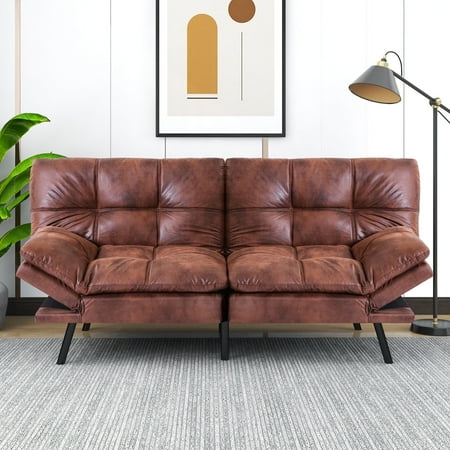 Futon Sofa Bed, Modern Faux Leather Convertible Memory Foam Sofa with Adjustable Armrest,Brown