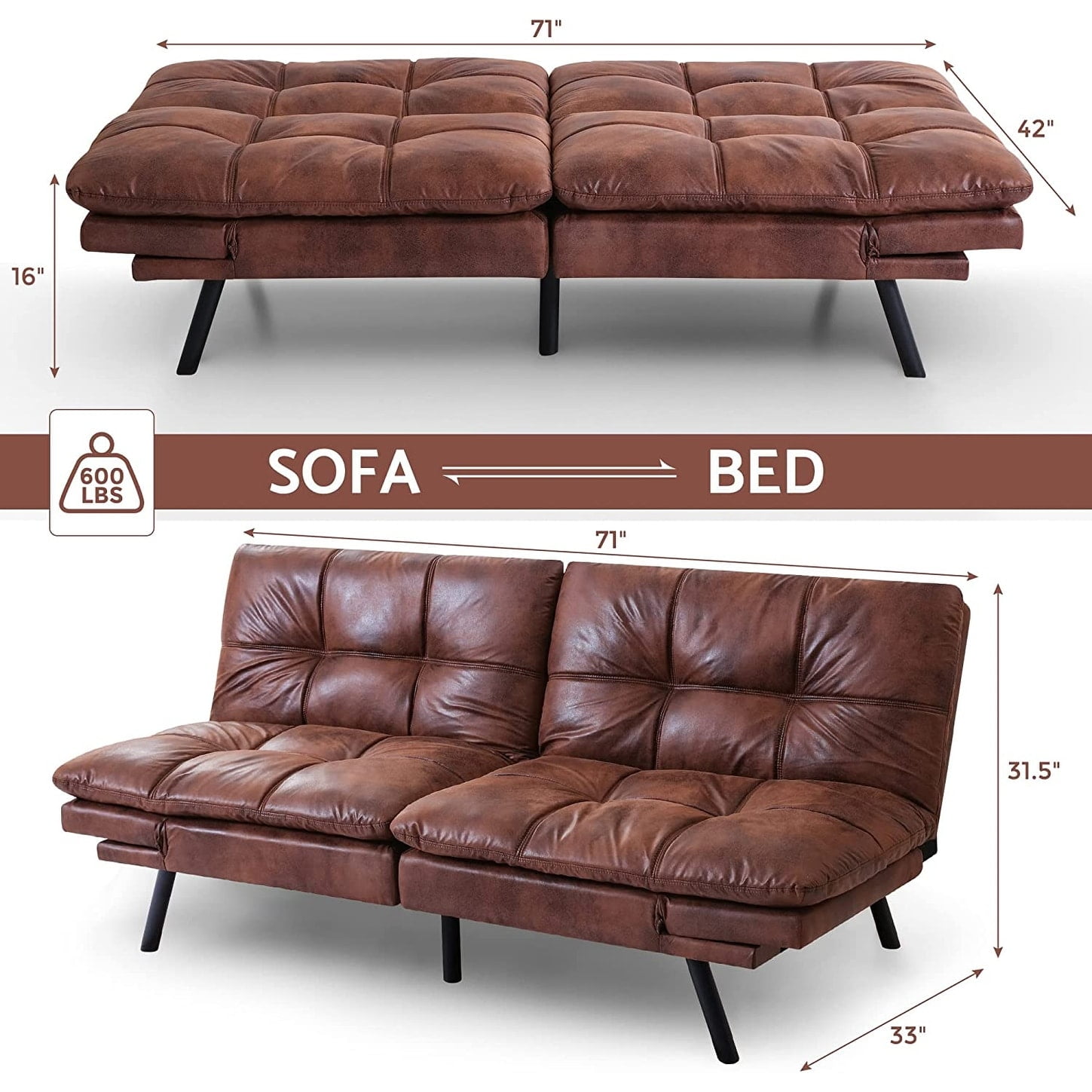 Futon Sofa Bed Modern Faux Leather Convertible Sofa Memory Foam Daybed ...